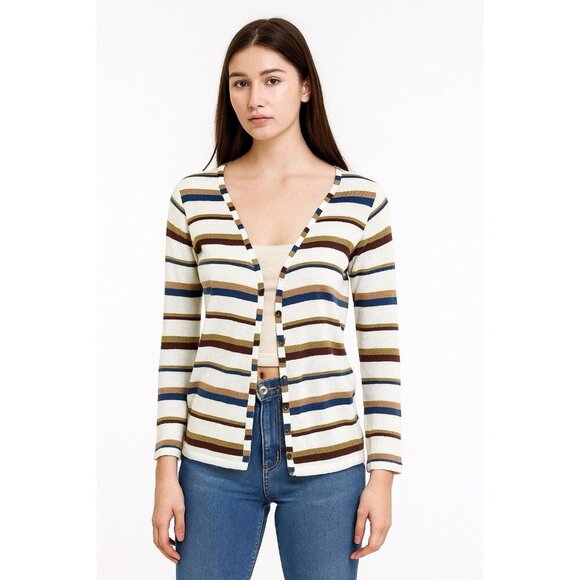 Zara Womens 70s Retro Style Striped Cardigan M Viscose Linen Knit Open Front - Picture 1 of 11